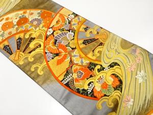 アンティーク　源氏車に流水・花・蝶模様織り出し袋帯（材料）